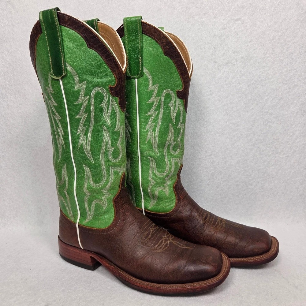 Vtg Anderson Bean USA Cowboy Boots Womens 8 Brown Green Leather Square Toe 14"
